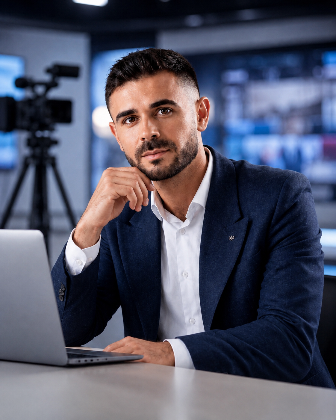 Retrato de Francisco Branco, sentado com fato azul e camisa branca, num cenário de televisão.